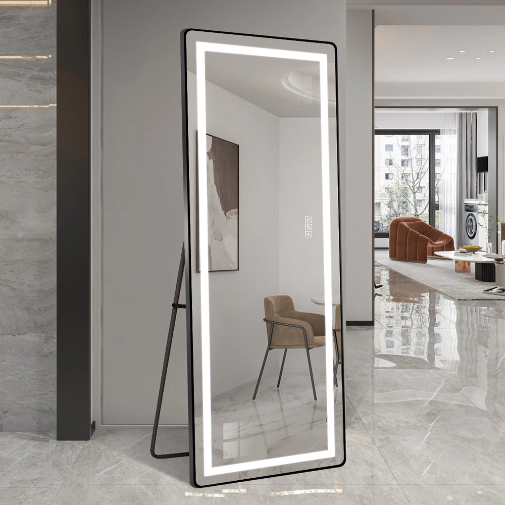 Specchio da terra figura intera LED 163x54 cm con staffa; cornice sottile in lega di alluminio nera