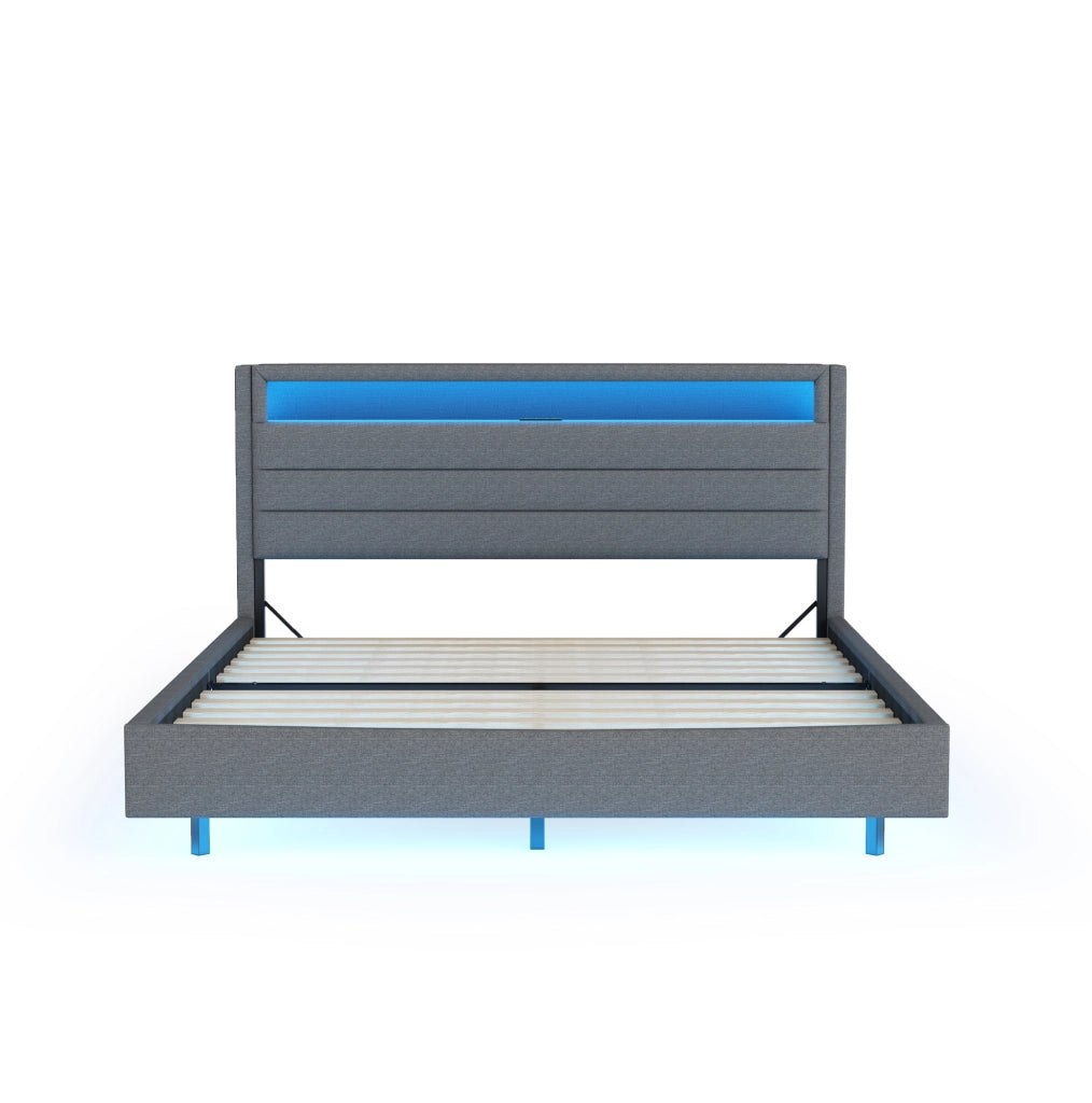 Letto matrimoniale imbottito 140x200 cm; USB e LED; testiera reversibile; tessuto grigio (Senza materasso)