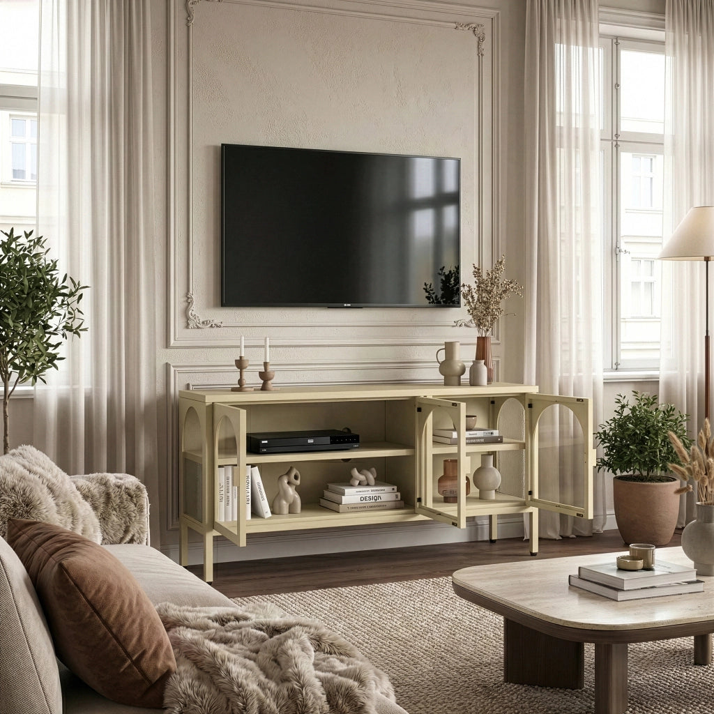 Vetrina Bassa Klippestad a 3 Ante in Vetro Credenza con 4 Scomparti 118 x 35 x 55 cm - Color Cammello [en.casa]