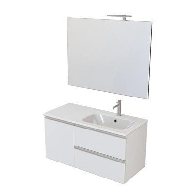 Mobile bagno sospeso 100 cm bianco opaco con cassetti e anta completo di lavabo a destra e specchio Master