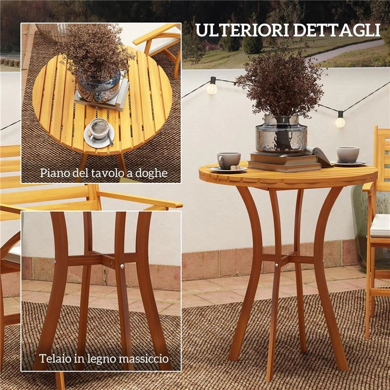 SET DA GIARDINO 3 PEZZI IN LEGNO DI PINO CON TAVOLO ROTONDO Ø68X78 CM E 2 SEDIE 55X52X87.5 CM CON CUSCINI