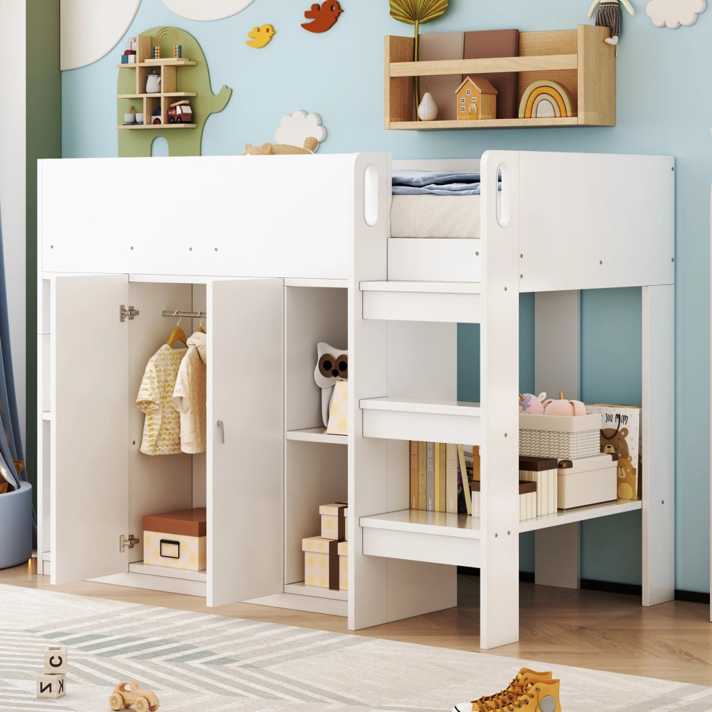 Letto a soppalco Letto singolo con armadio; scaffali e scala 90×200 cm; senza materasso; in legno massello; Bianco