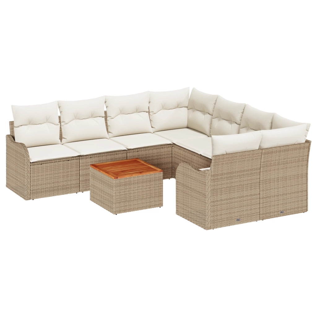 Set Divano da Giardino  9 Pezzi con Cuscini Beige Polirattan Acacia