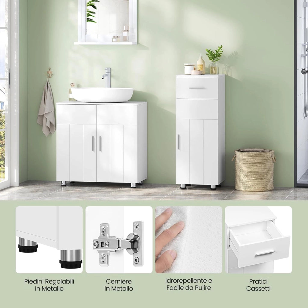 Mobiletto da Bagno Salvaspazio a Colonna, Armadietto in Legno, Mobile da Bagno a Terra, con Cassetto, Anta e Ripiano Regolabile, Bianco