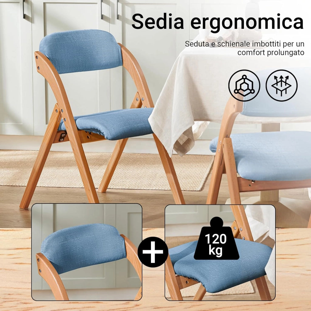 Sedie Pieghevoli in Legno Imbottite, Sedia Pieghevole Salvaspazio, Sedie Sala da Pranzo Pieghevoli per Interno ed Esterno, Sedie da Giardino Richiudibili Blu 47.5 x 59 x 77 cm FST92-BL