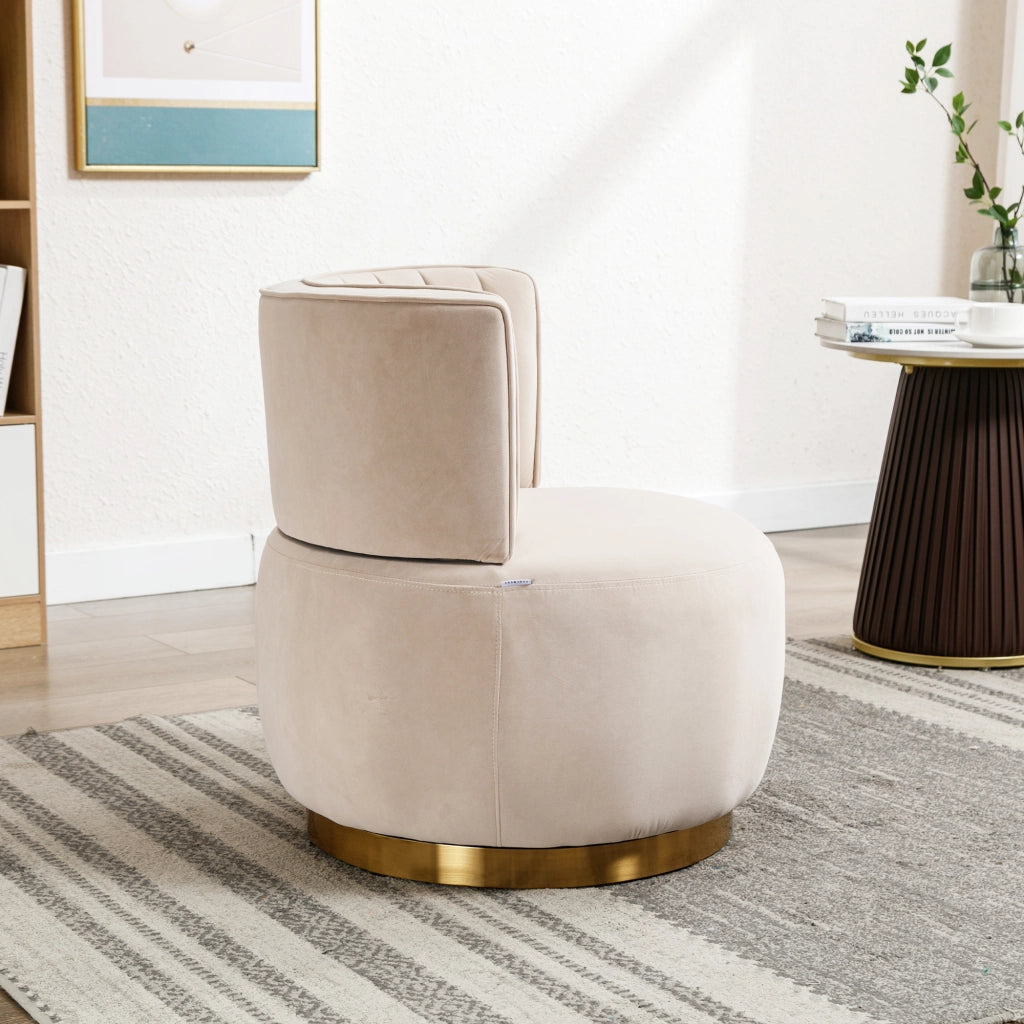 Fauteuil girevole in velluto con seduta imbottita e schienale ergonomico, base in legno e metallo beige