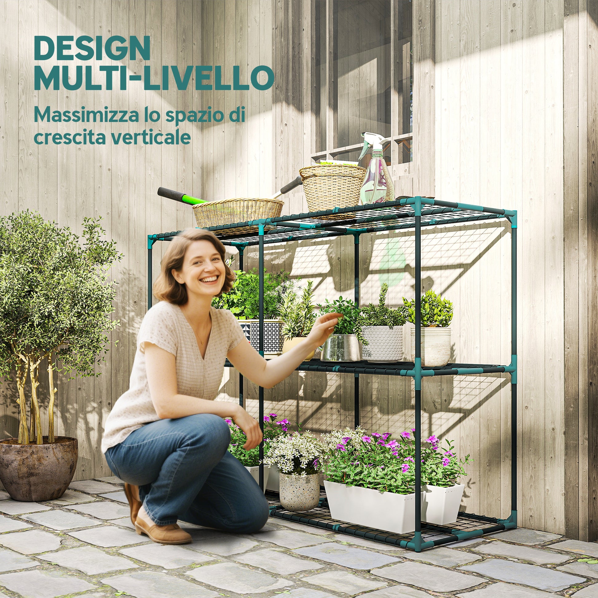 Portapiante a 3 Livelli Aperti 143x48x100 cm in Acciaio e Plastica Verde Scuro