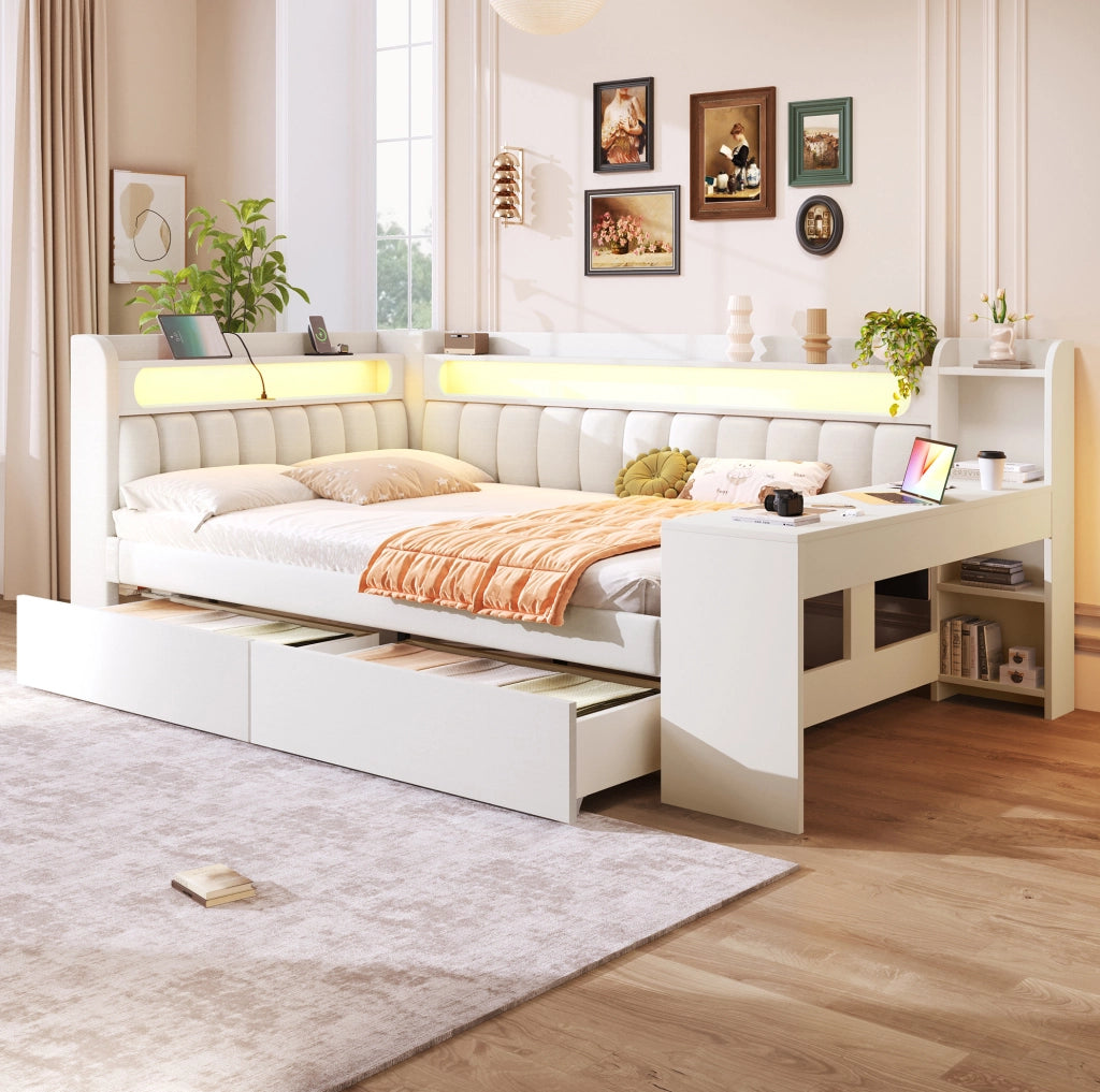 Letto da giorno imbottito 140x200 cm con LED, USB e scrivania