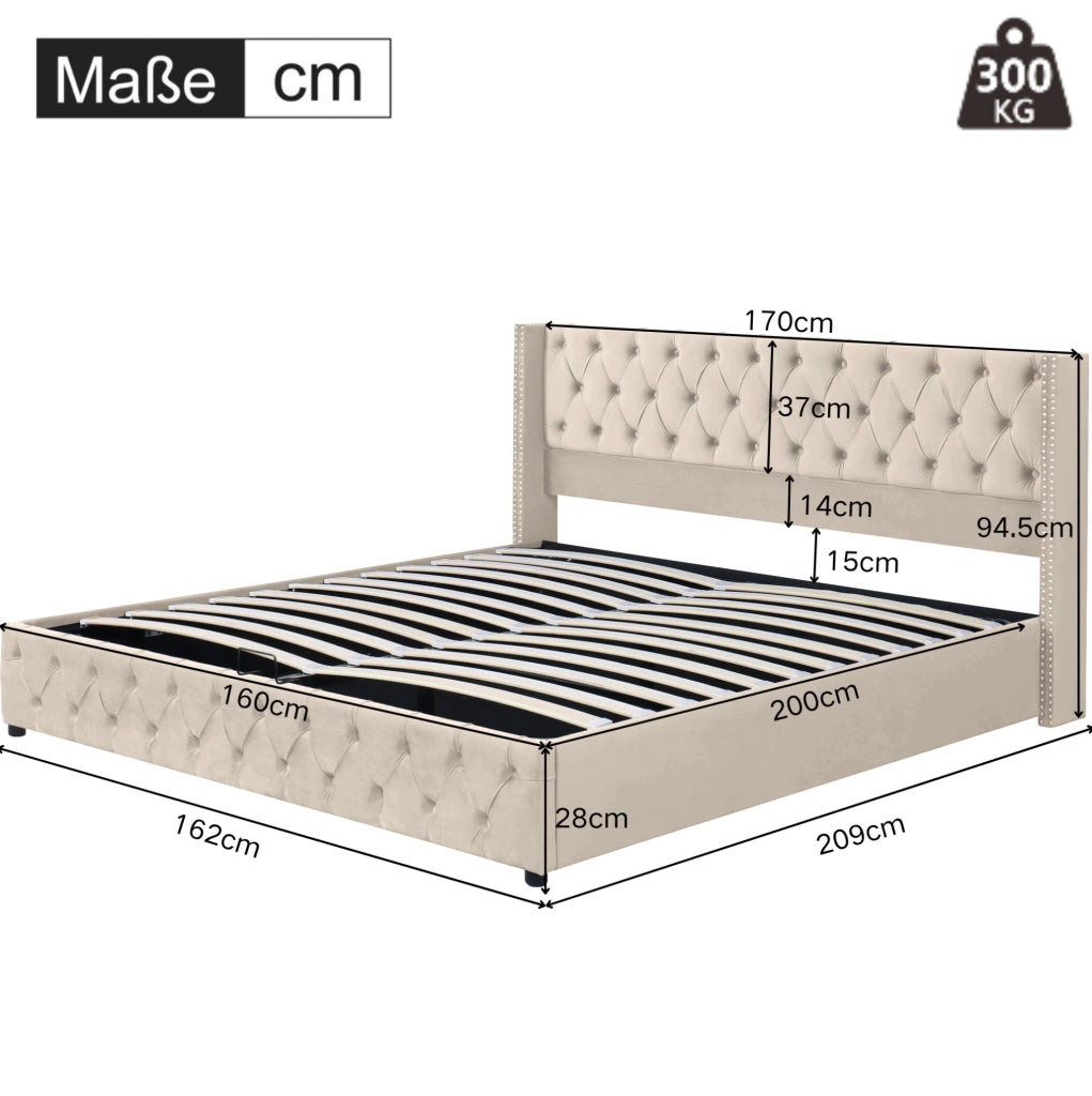 Letto contenitore imbottito in velluto beige 160x200 cm con rete a doghe