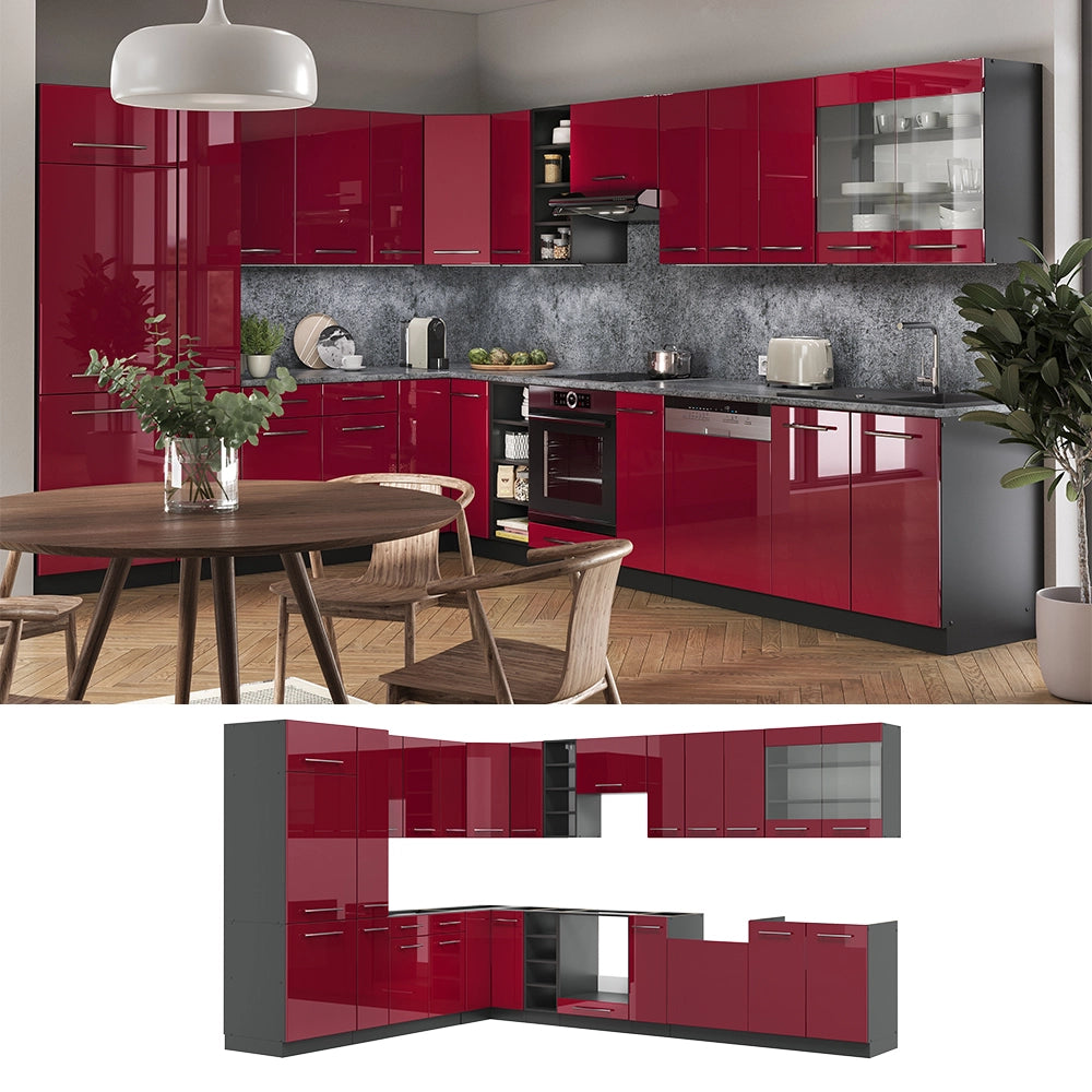 Cucina angolare completa Fame-Line Bordeaux lucido/Antracite 347 x 60 cm, PL Marmo Vicco