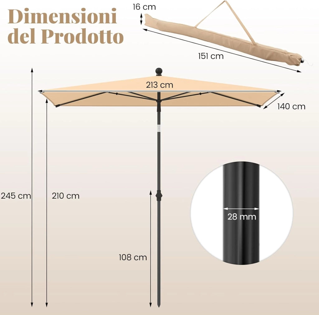 Ombrellone per Patio 213 X 140 cm, Ombrellone Rettangolare da Esterno con Inclinazione Regolabile, Borsa di Trasporto, Parasole Pieghevole per Veranda, Giardino, Piscina, Spiaggia (Beige)