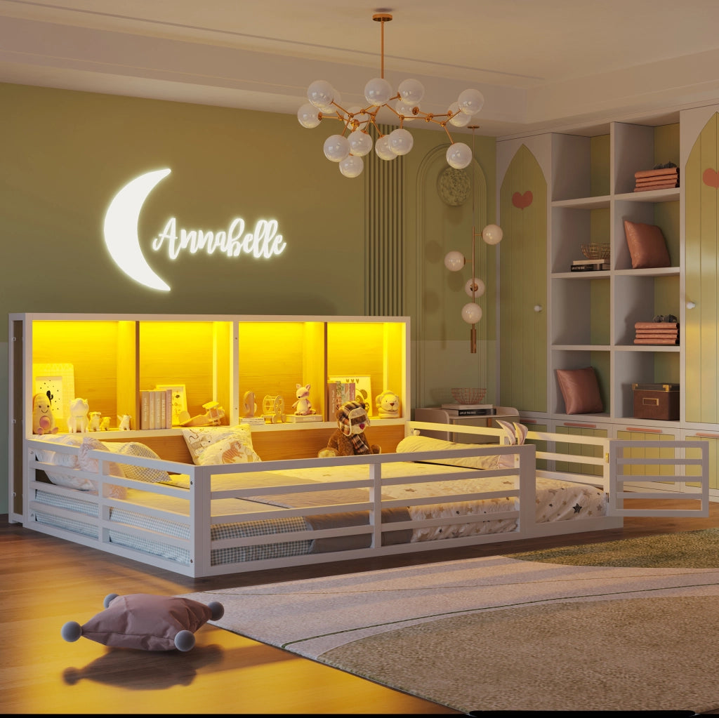 Letto daybed 140x200 cm con sponde di sicurezza; vani laterali e LED; MDF e metallo; bianco