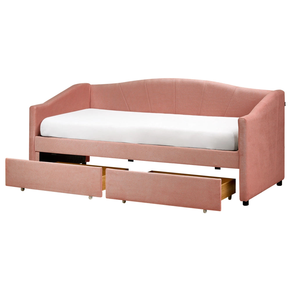 Lettino da giorno Rosa EU Dimensione singola Poliestere Imbottitura a doghe Telaio in legno di eucalipto Cassetti in compensato Camera da letto moderna