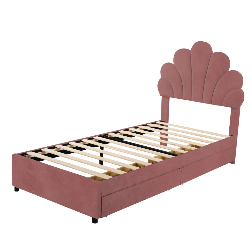 Letto Imbottito Bambini con Testiera Velluto e Rete a Doghe, Cassetti, Letto Singolo ¨C MINIMAL ¨C 90x200, Rosa