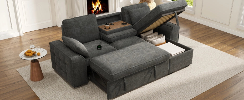 Divano angolare convertibile con vano contenitore portabicchieri e porta USB in ciniglia grigio 237 × 141 × 86 cm