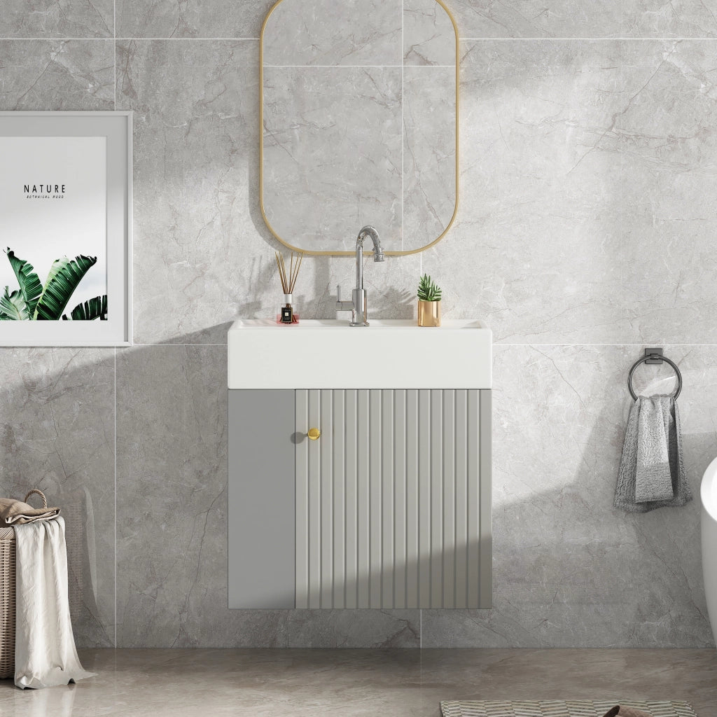 Mobile sottolavabo sospeso con lavabo ceramico e finitura grigio bianco per piccoli bagni