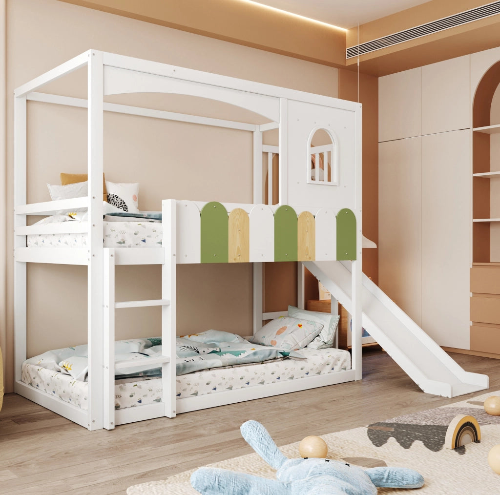 Letto a soppalco per bambini 90x200 cm con scivolo e scala; pino; compensato e MDF; bianco