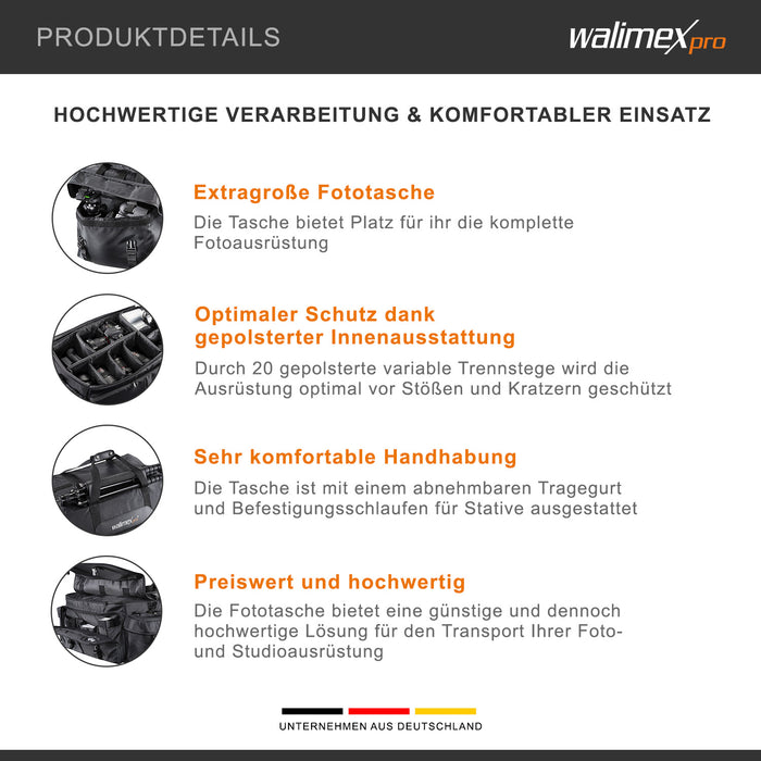 Borsa fotografica XXL, 750 x 340 x 300 mm, Borsone fotografico per flash e fotocamere, con divisori, tasche e passanti per treppiedi