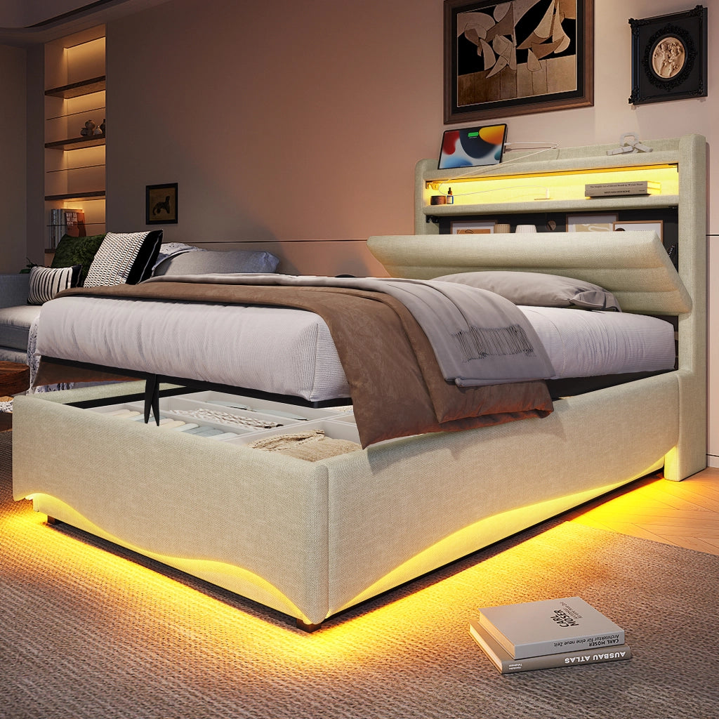 Letto imbottito 90x200 LED idraulico USB/Type-C lino beige