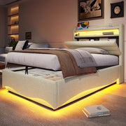 Letto imbottito 90x200 LED idraulico USB/Type-C lino beige