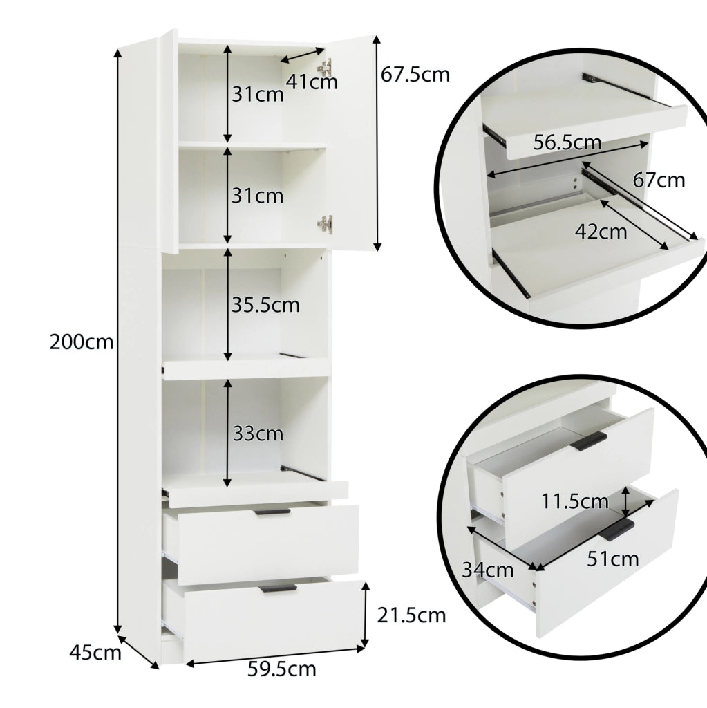 Colonna dispensa cucina 200 cm con 2 cassetti e vano microonde