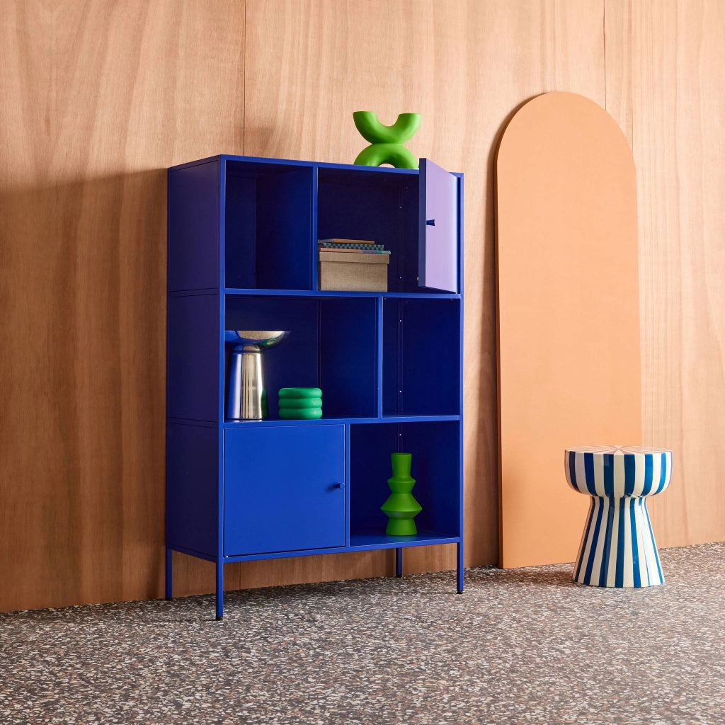Credenza industriale in metallo con 6 scomparti, blu