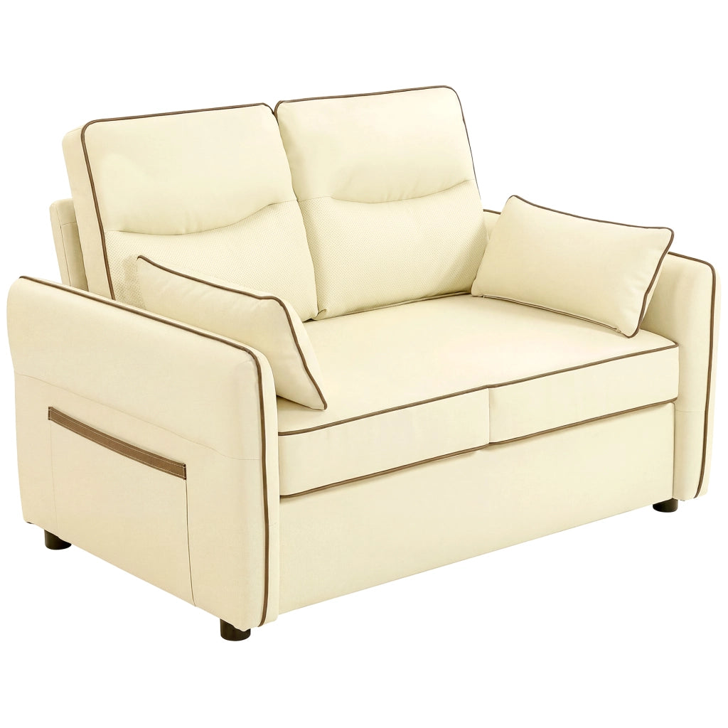 Divano 2 Posti in Finta Pelle con Imbottitura Spessa, Tasca Laterale e 2 Cuscini, 136x81x90 cm, Beige