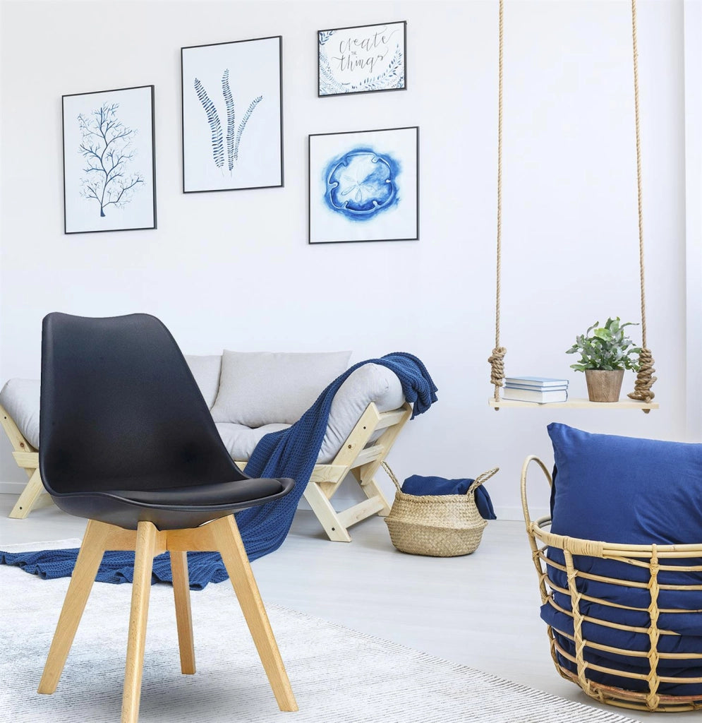 4 MAURY'S SEDIE NORDICA NERA STILE SCANDINAVO GAMBE IN LEGNO CON CUSCINO