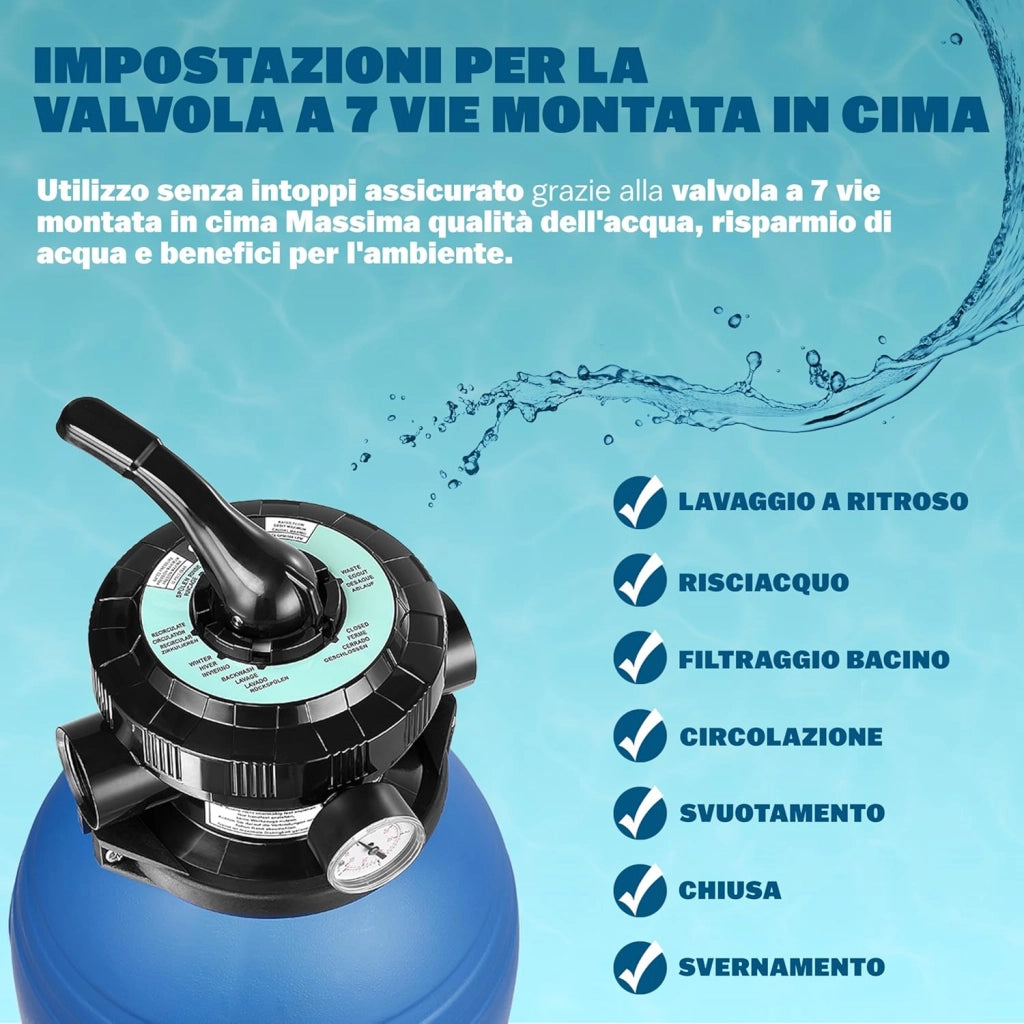 ® Pompa Filtro Piscina a 7 Vie 9.600 L/h Serbatoio 25 L Pompaggio a Sabbia Prefiltro