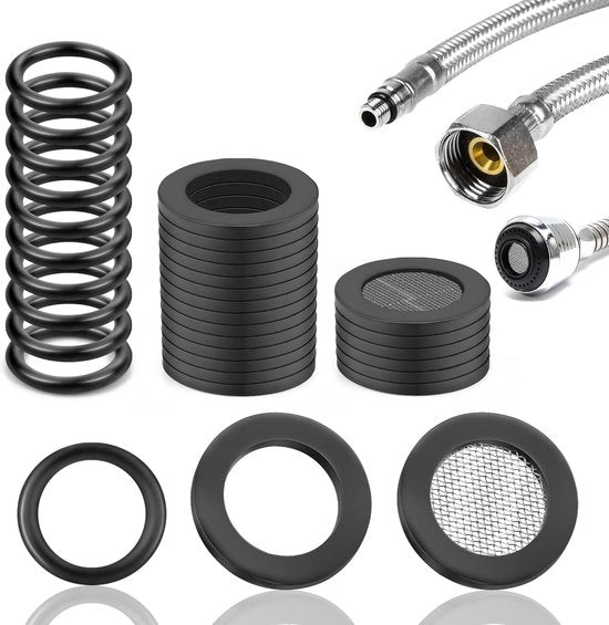 Set di sigillatura 1/2 pollici, 30 pezzi composto da 14 sigillature piatte, 10 O-ring da 16 mm OD e 6 reti di filtraggio per slanci di doccia e valvole di chiusura.
