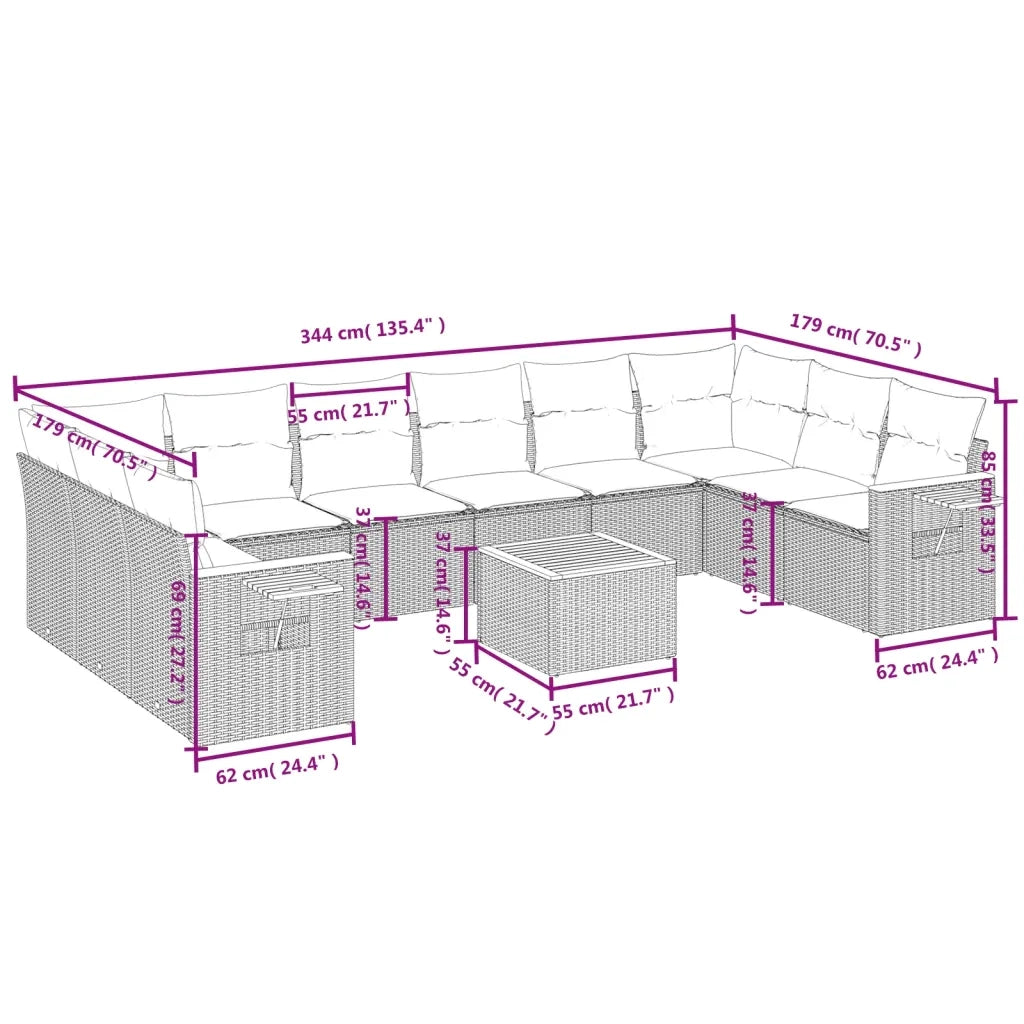 Set Divani da Giardino 11 pz con Cuscini in Polyrattan Nero