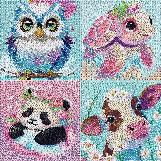 Set di Puntinatura a Diamante 4 pezzi - Animali - Facile da Assemblare - Decorazione per la Casa - Regalo DIY - 17x17 cm - Puntinatura a Diamante