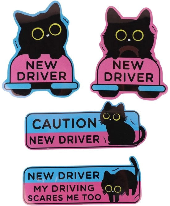 Etichette magnetiche divertenti - 4x Gatto nero - Cartelli di avviso - Stickermagnetici - Materiale PVC - Per conducenti inesperti