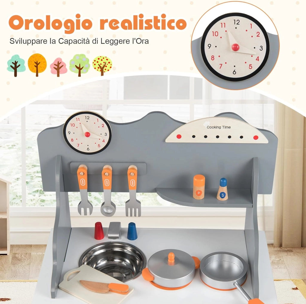 Cucina Giocattolo in Legno per Bambini, Set Gioco di Finzione con Orologio, Fornello, Porta Spezie e Accessori Completi, per Bambini 3+ Anni, 52 x 29,5 x 71 cm (Grigio + Bianco)