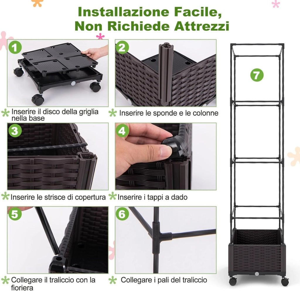 Fioriera con Grigliato per Piante Rampicanti, Letto Rialzato con Spalliera, Sistema di Auto-irrigazione, Altezza Regolabile e Ruote, Fioriera Verticale da Interno ed Esterno