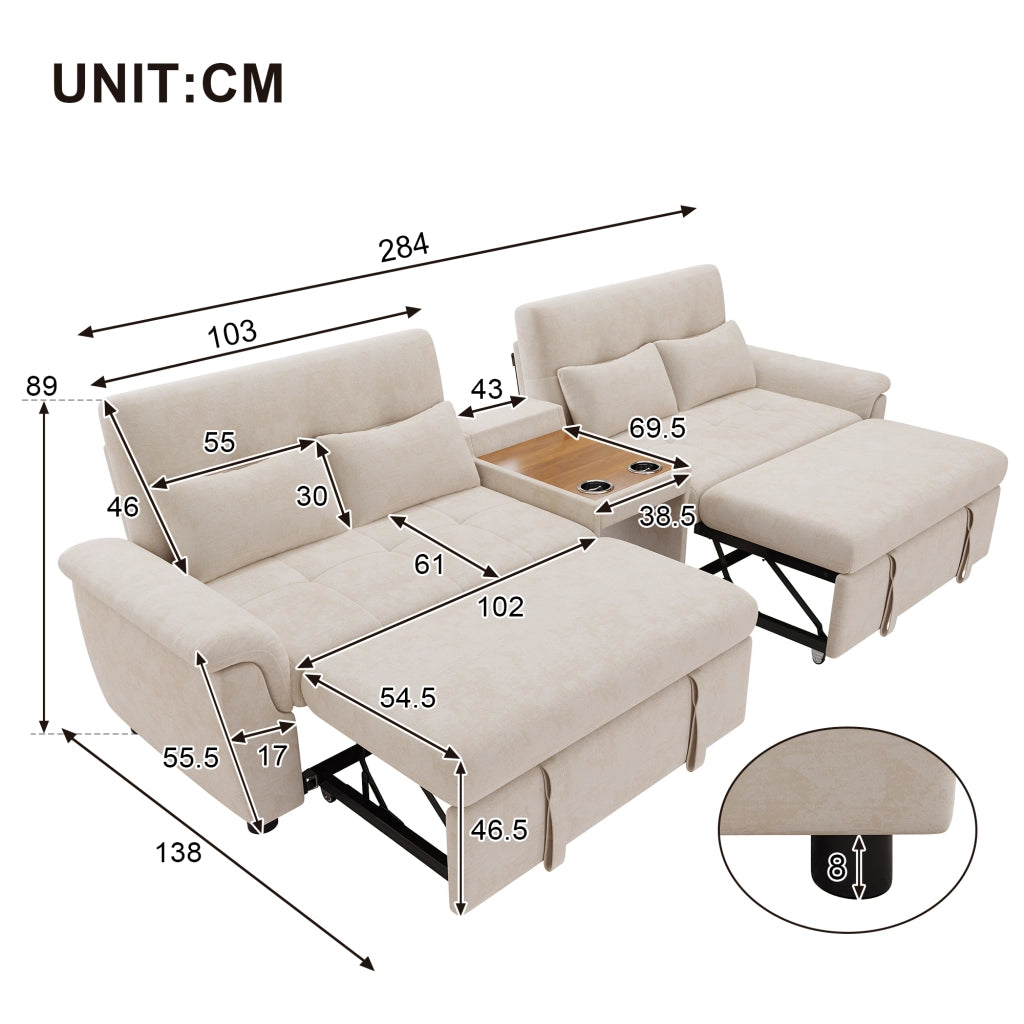 Divano a U letto con doppio modulo estraibile, schienale regolabile, area animali, portabicchieri in chenille beige