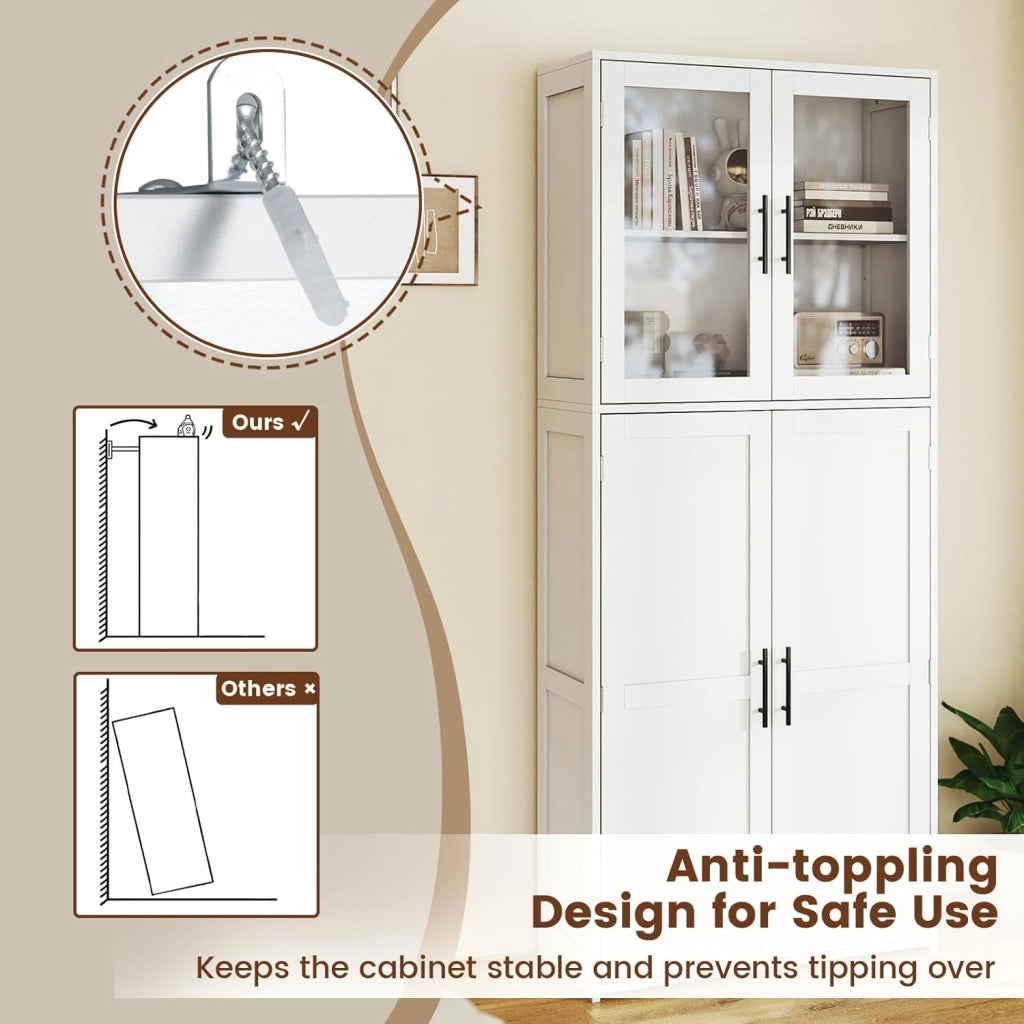 Armadio alto da bagno, colonna bagno, 4 ante, ripiani regolabili e 2 ganci, mobile moderno per cucina, soggiorno, 70 x 30 x 168,5 cm, bianco