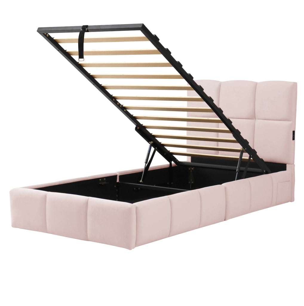 Letto singolo 90x200 cm con contenitore; rete a doghe e USB C; velluto rosa