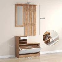 Mobile Appendiabiti 3 in 1 con Scarpiera e Specchio, Ganci e Cassetti, in Legno, 90x24x177 cm, Bianco e Noce