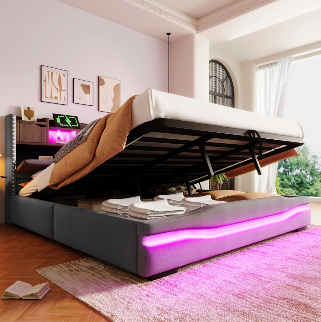Letto imbottito 180×200 cm grigio con vano idraulico, LED e ricarica USB-C