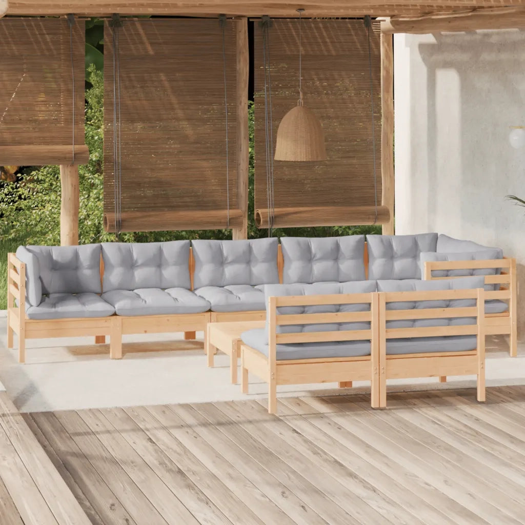 Set Divani da Giardino 9 pz con Cuscini Grigi Massello di Pino 3096459