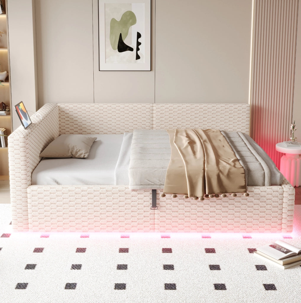 Letto imbottito 140x200 cm in velluto beige con contenitore; LED e porte USB Type-C