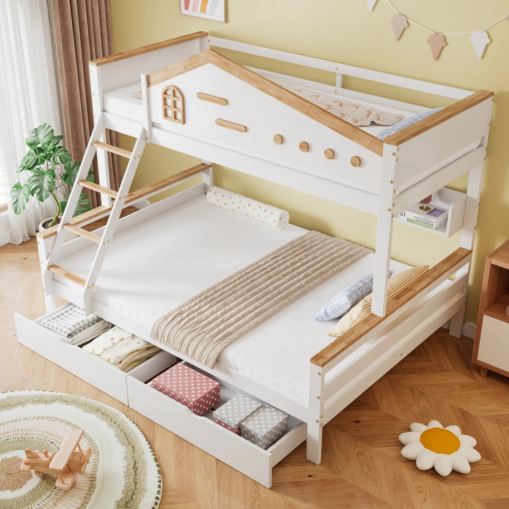 LETTO a castello con finestre, 2 cassetti, 205x148,5x167,5 cm, Bianco/Naturale