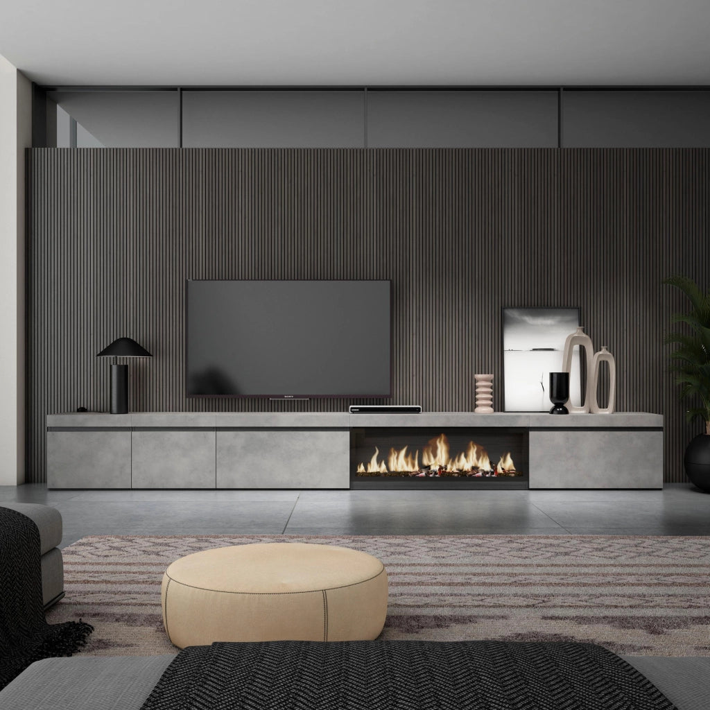 Mobile TV Soggiorno, 368x35x45, Camino elettrico XXL, grigio cemento RF3682