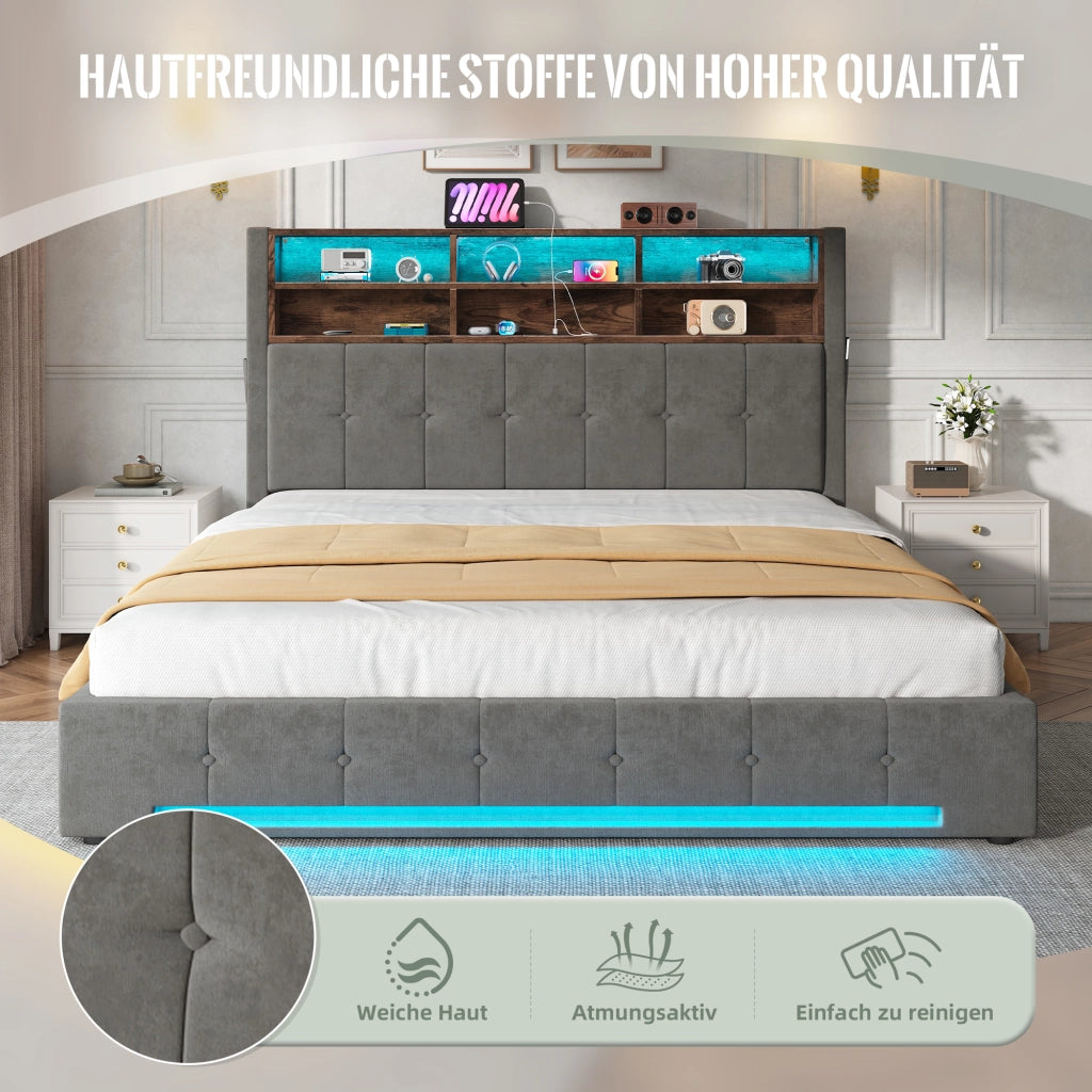 Letto imbottito 180x200 cm idraulico LED USB velluto grigio scuro