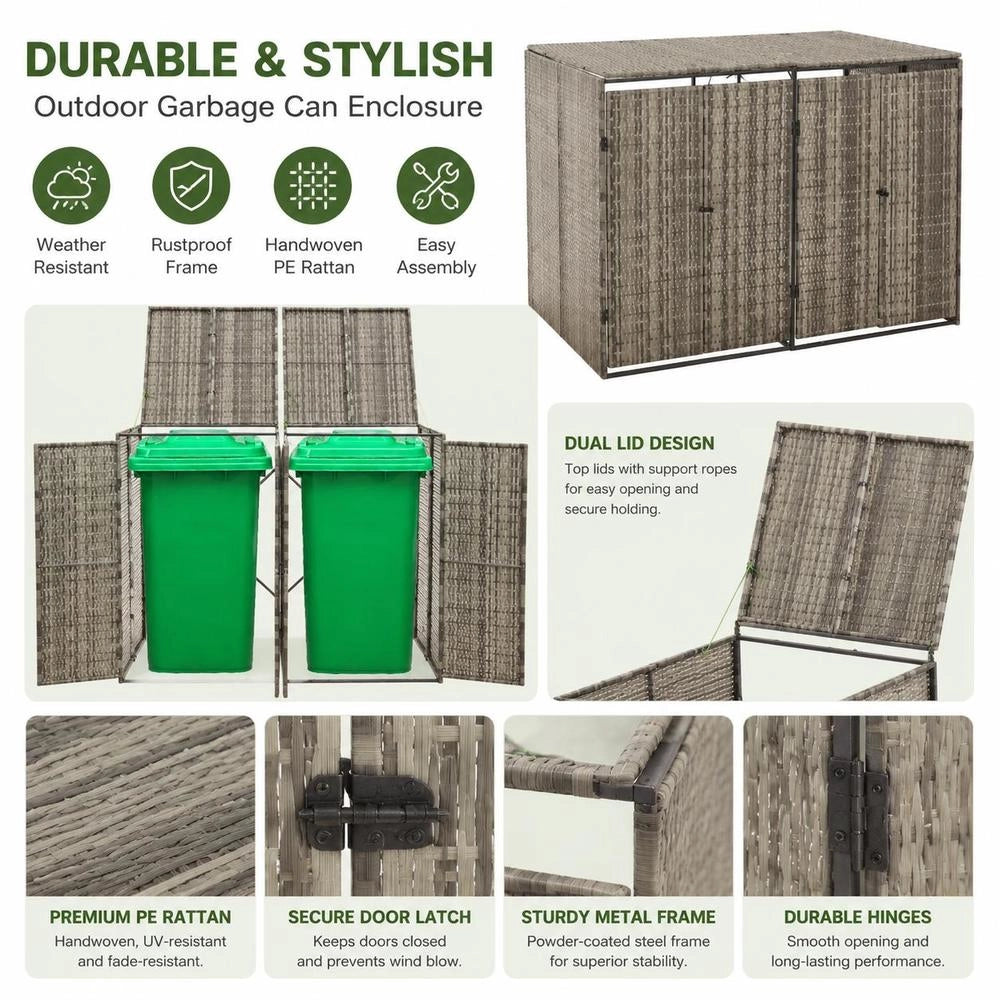 Bin Storage Unit For 2 Bins, Grey, 140x80x117 Cm, Poly Rattan
