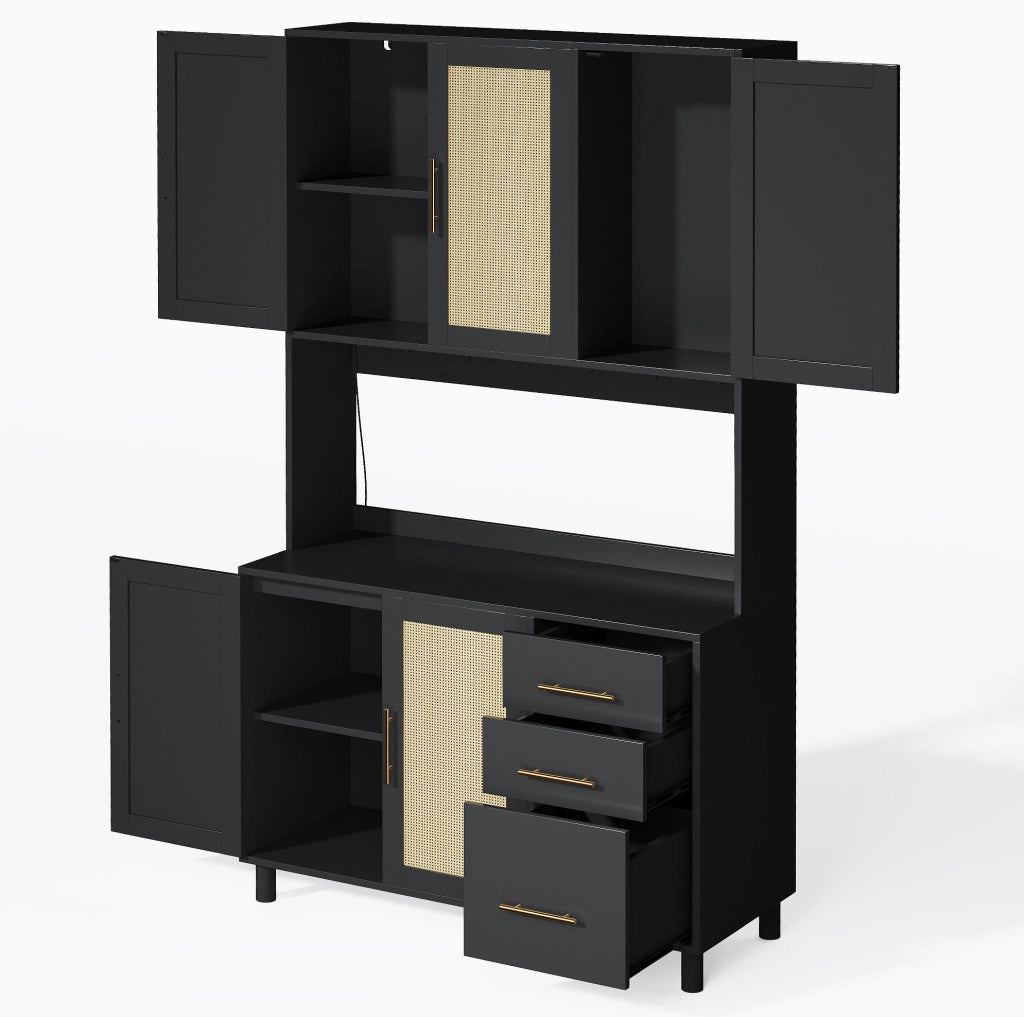 Credenza cucina 100x40x183 cm con LED multicolore; 2 prese; USB; 3 cassetti; MDF nero