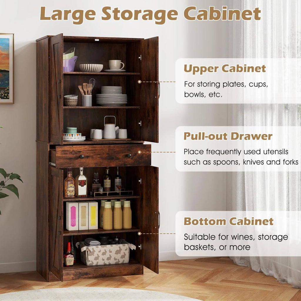 Armadio alto da cucina con 4 ante e 1 cassetto, dispensa in legno con ripiani regolabili, 77 x 39 x 183 cm, mobile per soggiorno, sala da pranzo, bagno (marrone)