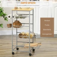 Carrello da Cucina Salvaspazio con 4 Cesti Estraibili in Legno e Acciaio, 36.5x36.5x89 cm, Argento e color Legno