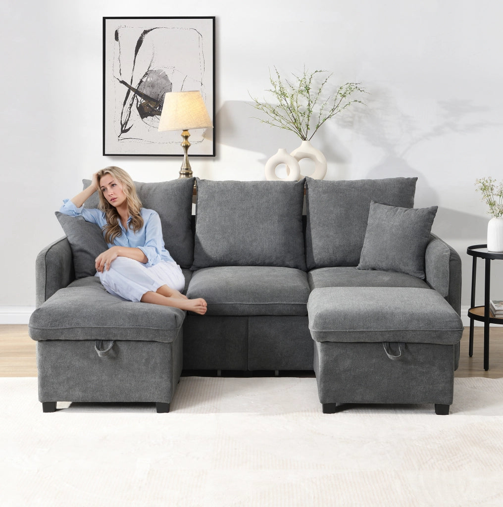 Divano angolare con 2 pouf contenitore; funzione letto; schiuma; grigio scuro